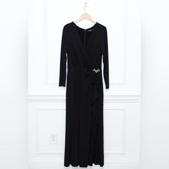 Lauren Ralph Lauren Ruffle Trim Jersey Gown Black Chain Detail Size 14 Formal - Picture 3 of 10